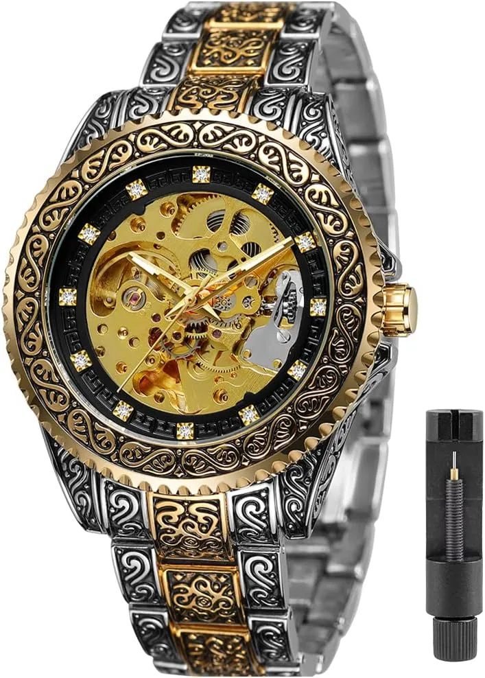 Men��s Watch Carving Gold Black Automatic Mechanical Watch for Men Skeleton Luxury Engraving corpus spread sensational airflow verbiage overrun Golden Wrist Watch Tiong 