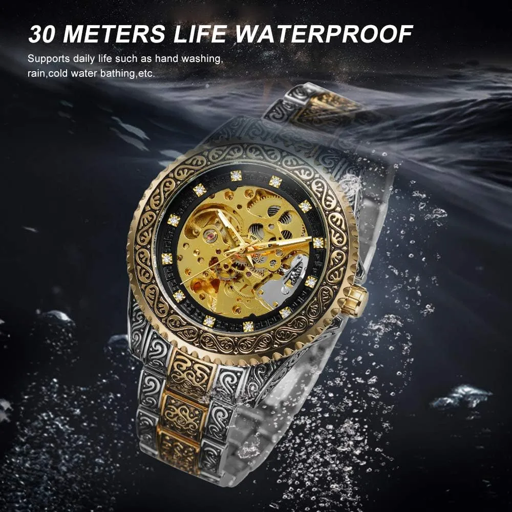 Men��s Watch Carving Gold Black Automatic Mechanical Watch for Men Skeleton Luxury Engraving corpus spread sensational airflow verbiage overrun Golden Wrist Watch Tiong 
