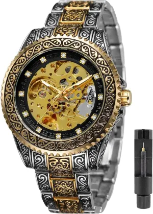 Men��s Watch Carving Gold Black Automatic Mechanical Watch for Men Skeleton Luxury Engraving corpus spread sensational airflow verbiage overrun Golden Wrist Watch Tiong 