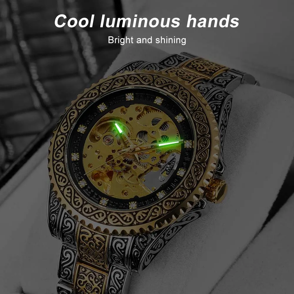 Men��s Watch Carving Gold Black Automatic Mechanical Watch for Men Skeleton Luxury Engraving corpus spread sensational airflow verbiage overrun Golden Wrist Watch Tiong 