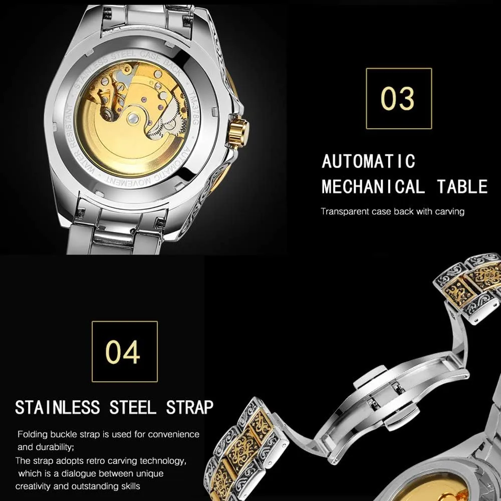 Men��s Watch Carving Gold Black Automatic Mechanical Watch for Men Skeleton Luxury Engraving corpus spread sensational airflow verbiage overrun Golden Wrist Watch Tiong 