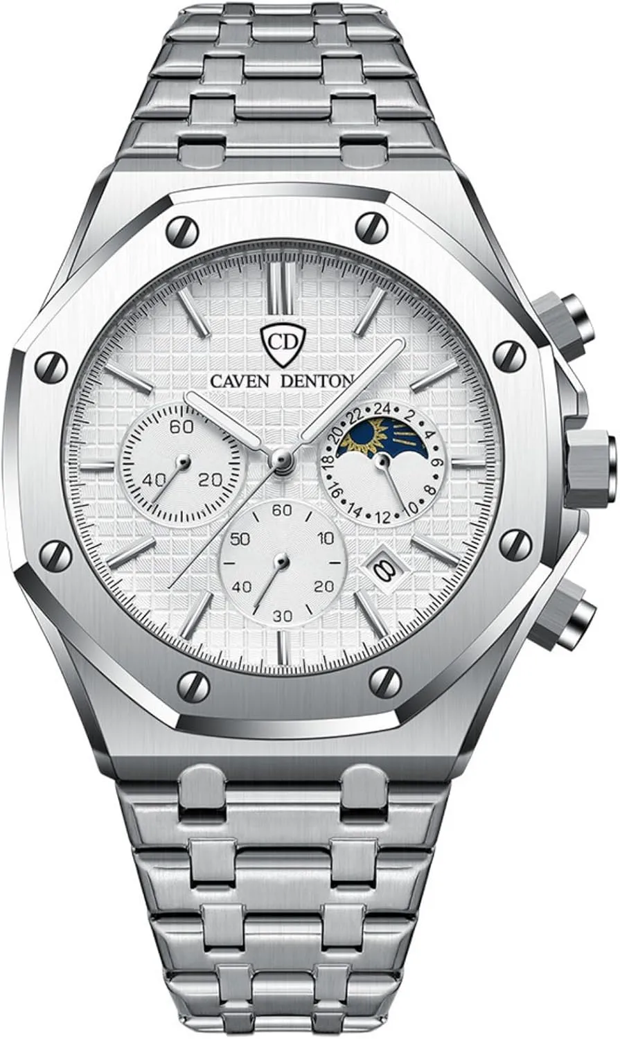 Men's Watch - Multi-Function Chronograph Moon Phase Stainless Steel Wristwatch, Triple Sub-Dial coil 6-Hand Analog Quartz Watch for Men Luxury Waterproof 