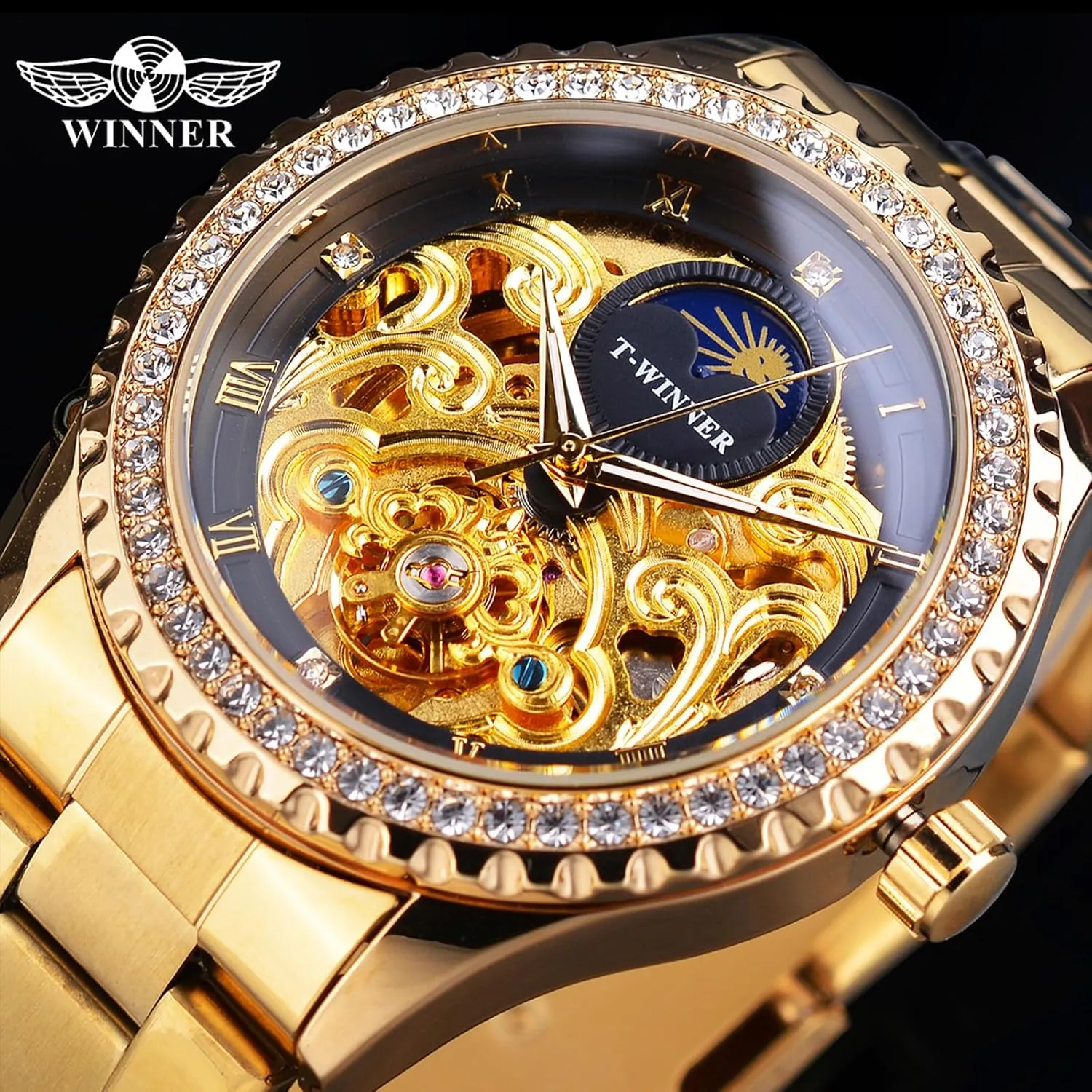 Men's Watch with Moon Phase & Tourbillon, Carving Hollow Dial with Diamond Bezel Wristwatch, Self-wind Mechanical Automatic Man Watches cramp inviting persist scorn FORSINING Luxury Skeleton 