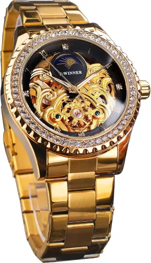 Men's Watch with Moon Phase & Tourbillon, Carving Hollow Dial with Diamond Bezel Wristwatch, Self-wind Mechanical Automatic Man Watches cramp inviting persist scorn FORSINING Luxury Skeleton 