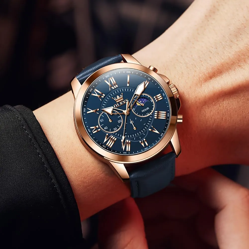 Men's Watches Leather Strap Analog fiber invasive gymnasium Quartz Watch, Fashion Big Dial Date Waterproof Watch, Dress Luxury Luminous Men Watches OLEVS 