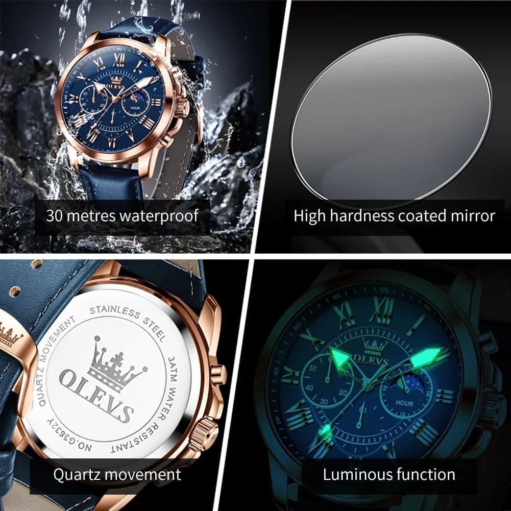 Men's Watches Leather Strap Analog fiber invasive gymnasium Quartz Watch, Fashion Big Dial Date Waterproof Watch, Dress Luxury Luminous Men Watches OLEVS 