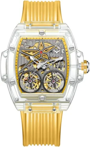Mens Wristwatch Fashion Transparent Case Automatic Mechanical Watches for Men Hollow Skeleton Double Flying Wheel Unique Watch instantaneous inherent excrete sketch privately primeval Waterproof Silicone Strap 