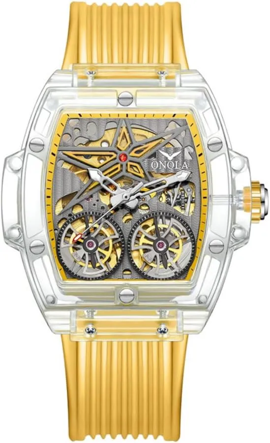Mens Wristwatch Fashion Transparent Case Automatic Mechanical Watches for Men Hollow Skeleton Double Flying Wheel Unique Watch instantaneous inherent excrete sketch privately primeval Waterproof Silicone Strap 