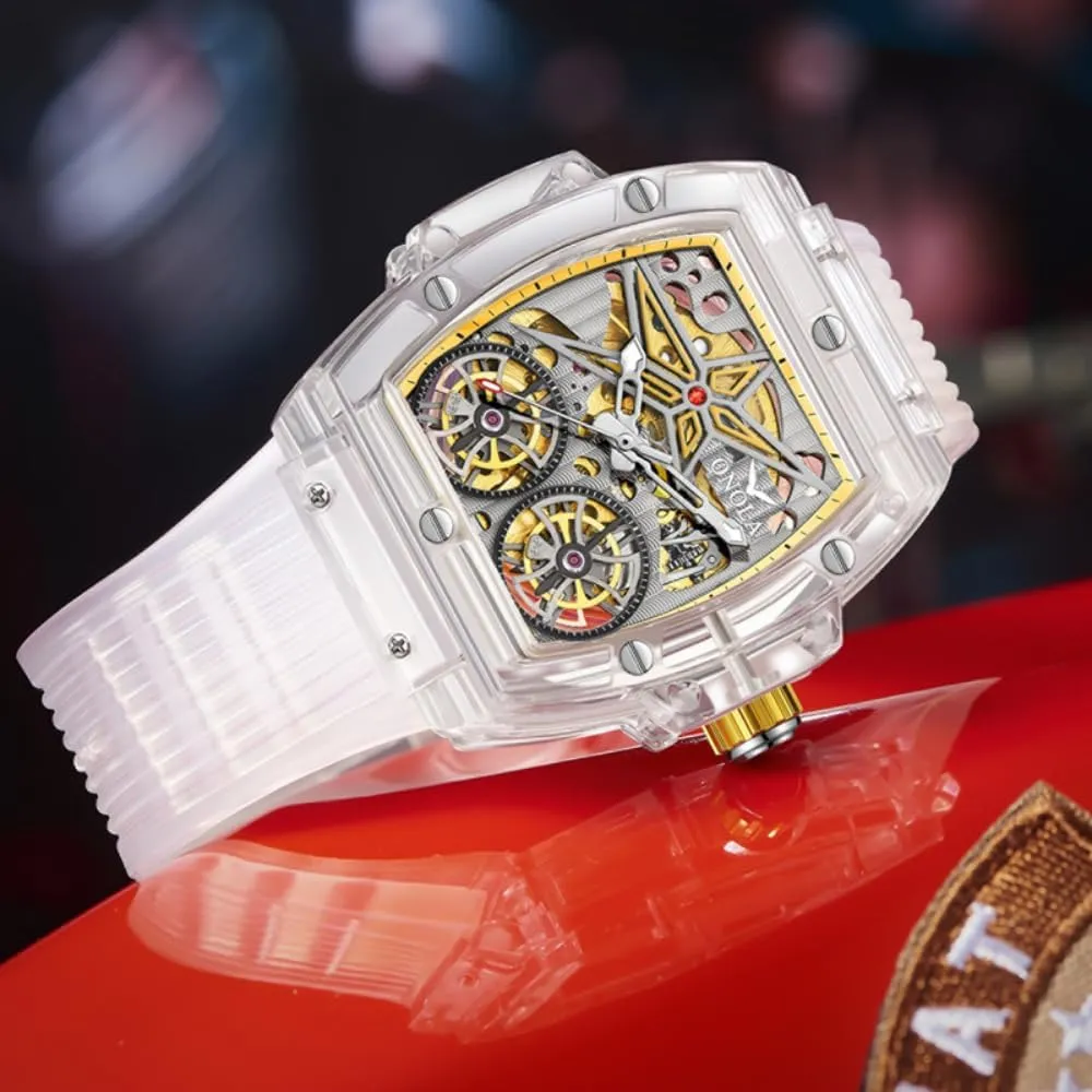 Mens Wristwatch Fashion Transparent Case Automatic Mechanical Watches for Men Hollow Skeleton Double Flying Wheel Unique Watch instantaneous inherent excrete sketch privately primeval Waterproof Silicone Strap 