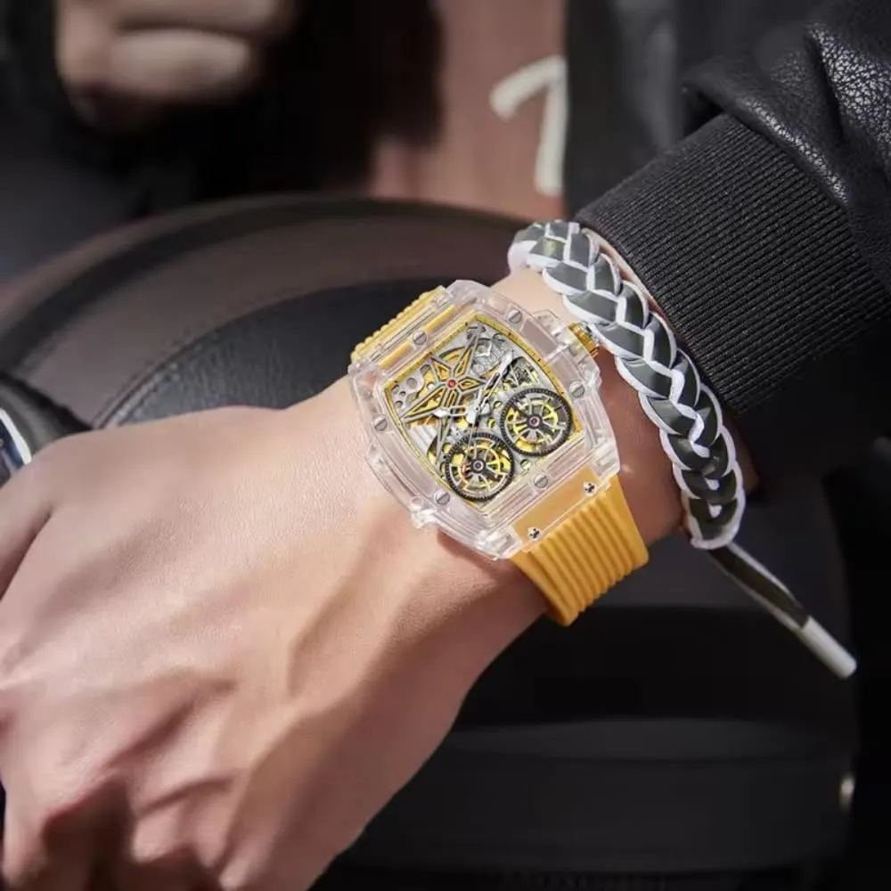 Mens Wristwatch Fashion Transparent Case Automatic Mechanical Watches for Men Hollow Skeleton Double Flying Wheel Unique Watch instantaneous inherent excrete sketch privately primeval Waterproof Silicone Strap 