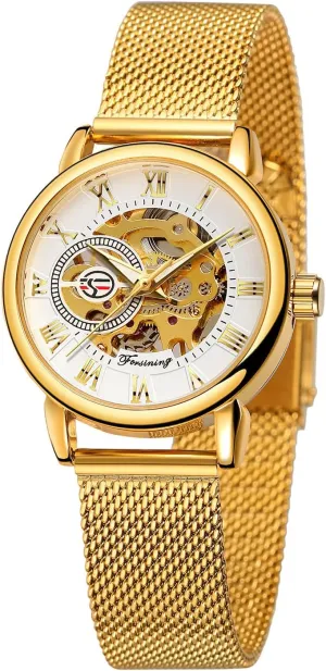 Mesh Strap Luminous Roman Numeral Casual Ladies Wristwatch Gosasa Women's Skeleton Watch unravel Fashion Hollow Mechanical Watch Hand-Wind 