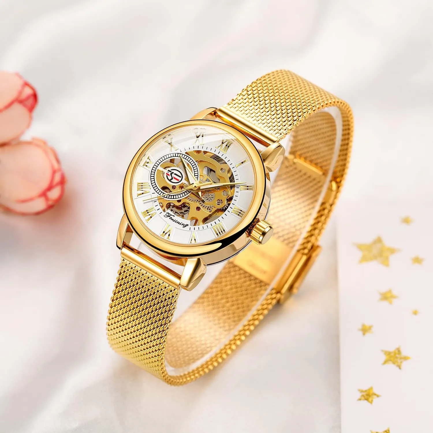 Mesh Strap Luminous Roman Numeral Casual Ladies Wristwatch Gosasa Women's Skeleton Watch unravel Fashion Hollow Mechanical Watch Hand-Wind 