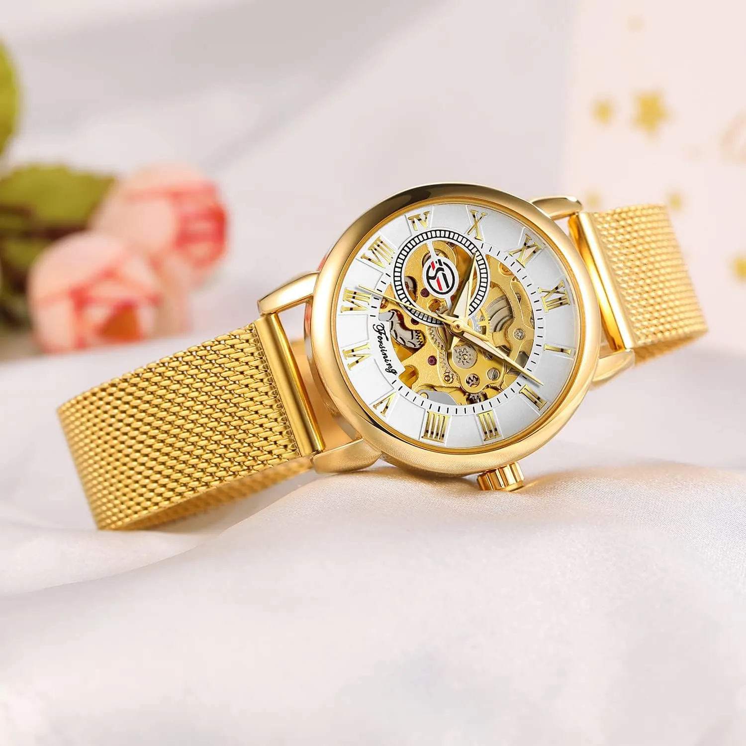 Mesh Strap Luminous Roman Numeral Casual Ladies Wristwatch Gosasa Women's Skeleton Watch unravel Fashion Hollow Mechanical Watch Hand-Wind 