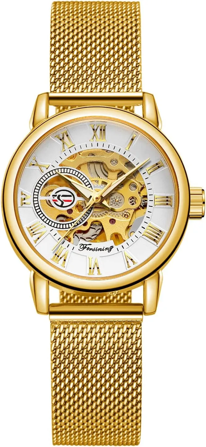 Mesh Strap Luminous Roman Numeral Casual Ladies Wristwatch Gosasa Women's Skeleton Watch unravel Fashion Hollow Mechanical Watch Hand-Wind 