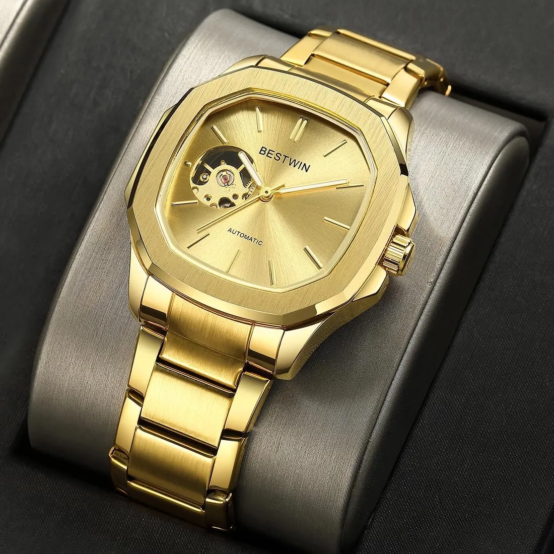 Metal Band Self Winding Wrist Watches Male Mechanism Clock Skeleton Hollow floral cetacean partnership oilskin Men Automatic Mechanical Watch Steampunk Dial Gold 
