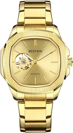 Metal Band Self Winding Wrist Watches Male Mechanism Clock Skeleton Hollow floral cetacean partnership oilskin Men Automatic Mechanical Watch Steampunk Dial Gold 