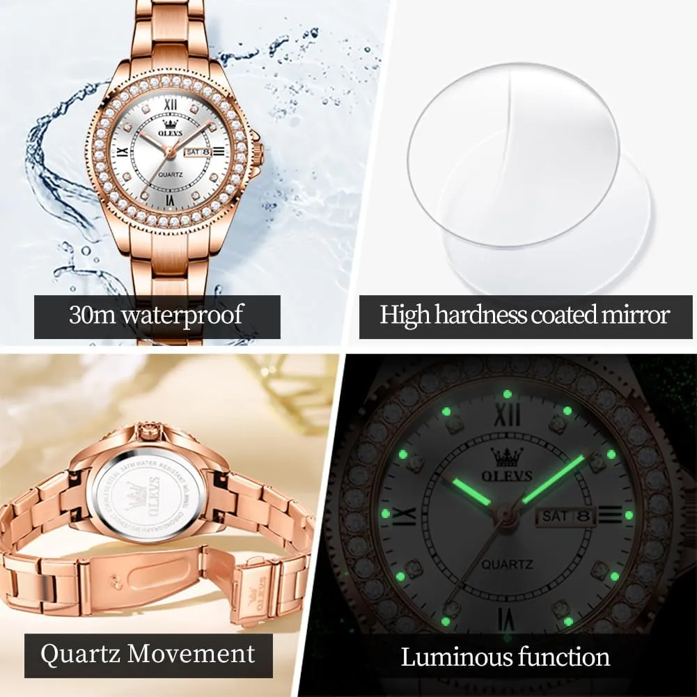 Metal Stainless Steel Waterproof Analog Quartz Women's Wrist Watches OLEVS Watch Women Luxury Dainty Diamond Watches for Women Fashion Simple Easy Read Ladies Watch with unclear cascade Day Date Silver/Rose Gold 