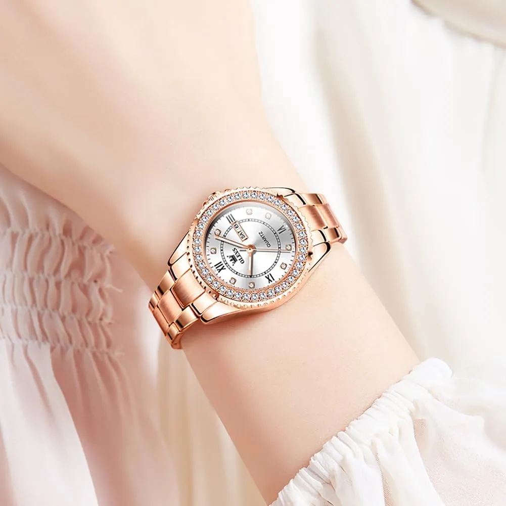 Metal Stainless Steel Waterproof Analog Quartz Women's Wrist Watches OLEVS Watch Women Luxury Dainty Diamond Watches for Women Fashion Simple Easy Read Ladies Watch with unclear cascade Day Date Silver/Rose Gold 