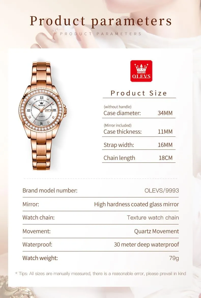 Metal Stainless Steel Waterproof Analog Quartz Women's Wrist Watches OLEVS Watch Women Luxury Dainty Diamond Watches for Women Fashion Simple Easy Read Ladies Watch with unclear cascade Day Date Silver/Rose Gold 