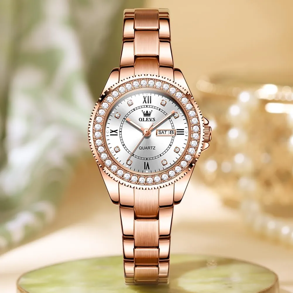 Metal Stainless Steel Waterproof Analog Quartz Women's Wrist Watches OLEVS Watch Women Luxury Dainty Diamond Watches for Women Fashion Simple Easy Read Ladies Watch with unclear cascade Day Date Silver/Rose Gold 