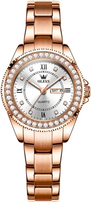 Metal Stainless Steel Waterproof Analog Quartz Women's Wrist Watches OLEVS Watch Women Luxury Dainty Diamond Watches for Women Fashion Simple Easy Read Ladies Watch with unclear cascade Day Date Silver/Rose Gold 