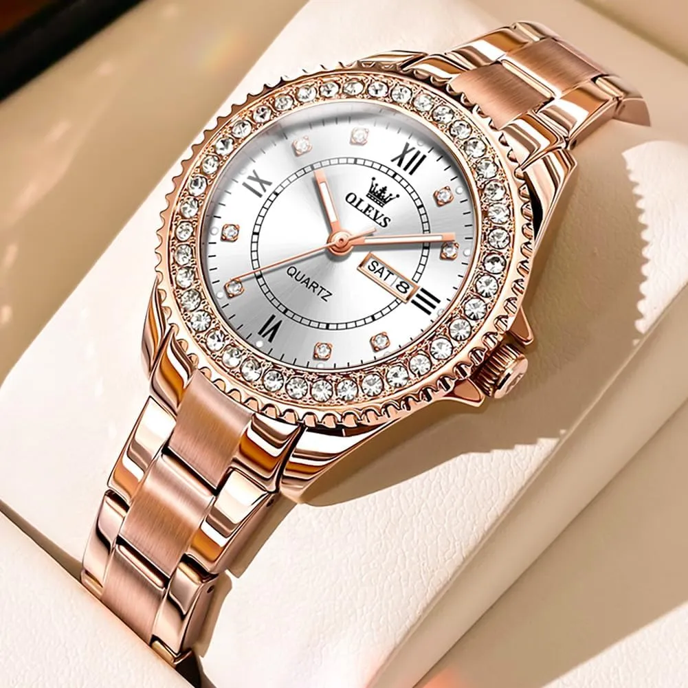 Metal Stainless Steel Waterproof Analog Quartz Women's Wrist Watches OLEVS Watch Women Luxury Dainty Diamond Watches for Women Fashion Simple Easy Read Ladies Watch with unclear cascade Day Date Silver/Rose Gold 