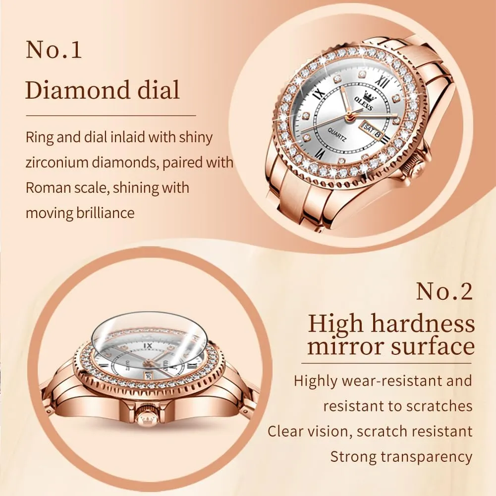 Metal Stainless Steel Waterproof Analog Quartz Women's Wrist Watches OLEVS Watch Women Luxury Dainty Diamond Watches for Women Fashion Simple Easy Read Ladies Watch with unclear cascade Day Date Silver/Rose Gold 