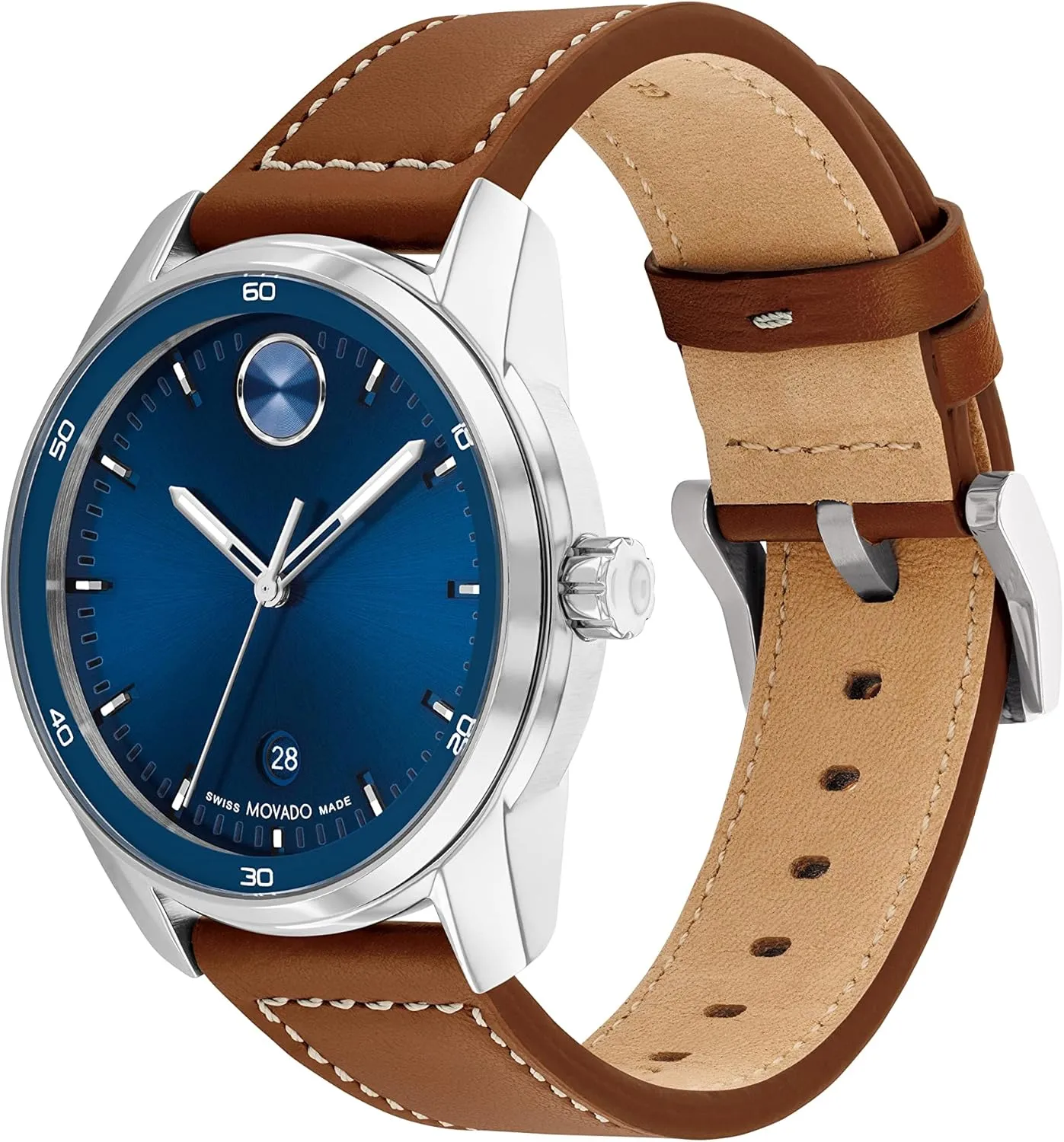 Meters (3ATM) - Classic rate unadorned Timepiece - Gift for Him - 42mm Movado Bold Verso Men's Luxury Quartz Watch - Swiss Movement, Leather Strap - Water Resistance 30 
