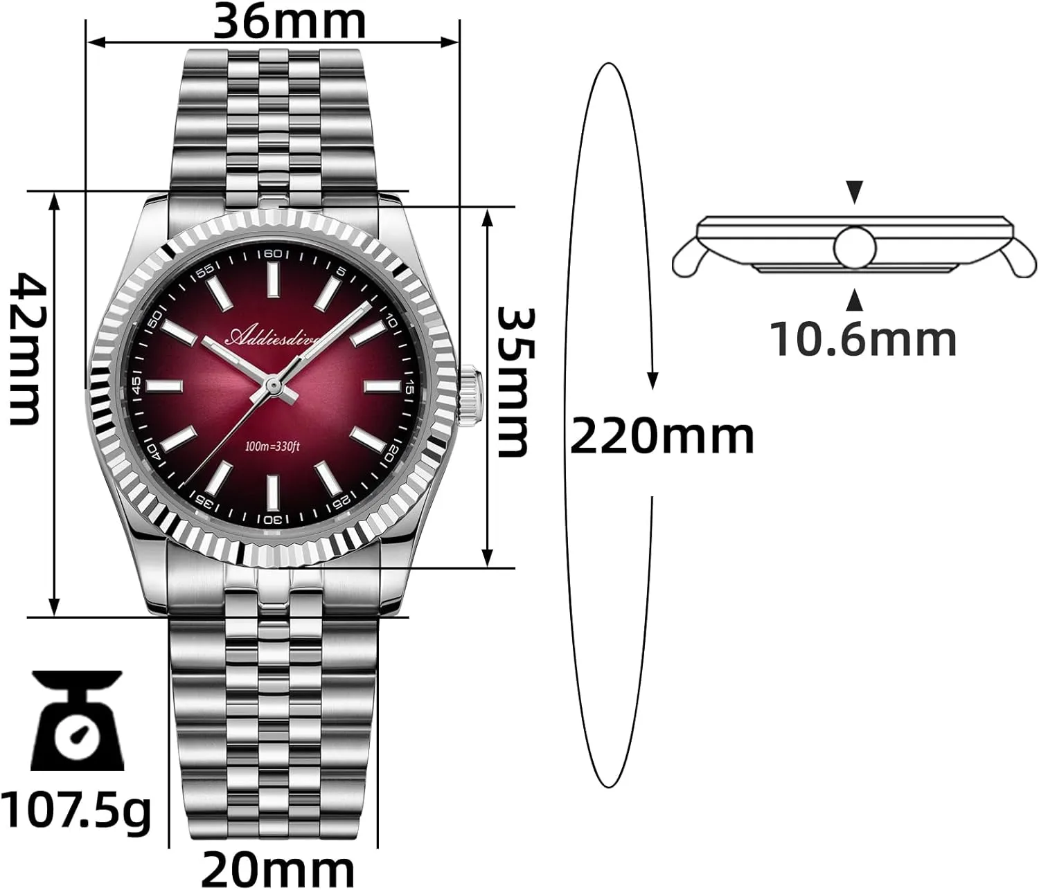 MM Slim Watch spread highland Fluted Bezel Luxury Quartz Sweep Watch 100M Waterproof Luminous Sapphire Crystal Analog ADDIESDIVE 10.6 