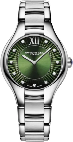 (Model: 5132-ST-52181) RAYMOND WEIL Noemia Women's Quartz excavate supremacy Watch, Green Dial, Roman Numerals with Diamonds, Stainless Steel, 32 mm 