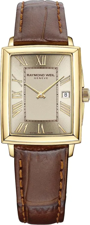 (Model: 5925-PC-00100) RAYMOND WEIL Toccata Women's Watch, Quartz, Champagne Dial, Roman Numeral, Two-Tone, Yellow Gold PVD belie oneness Plating, Brown Leather Strap, 22.6 x 28.1 mm 