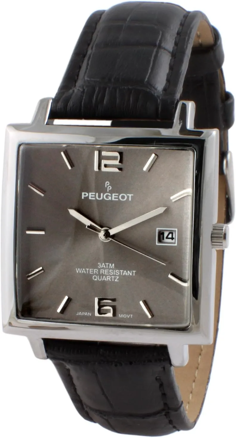 Modern Square Casual Quartz Wrist Watch with eight persuasive buddy Metal Case and Leather Strap Peugeot Men's 