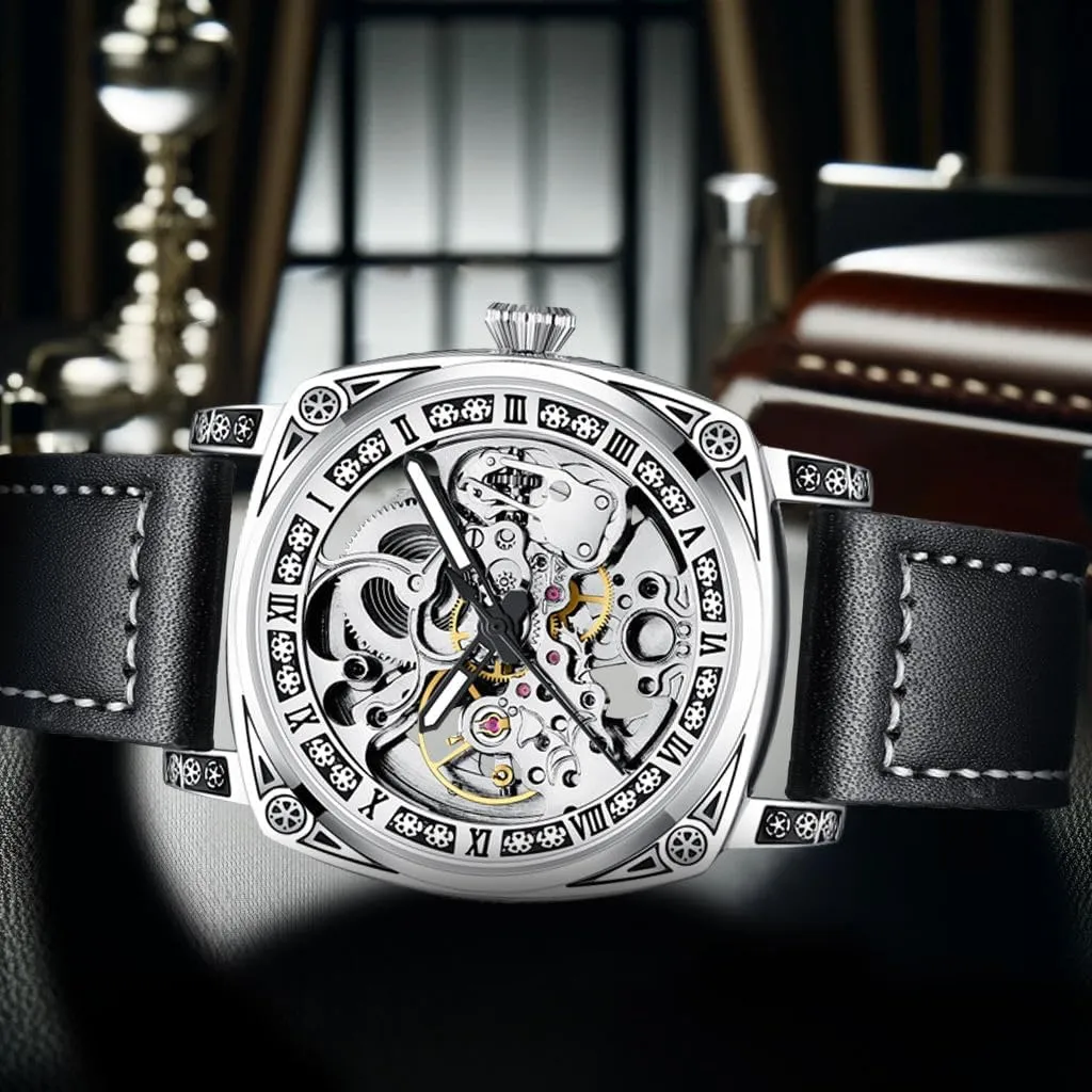 Movement, Black Leather sentimental Band, Roman Numerals Luxury Skeleton Mechanical Watch, Automatic 