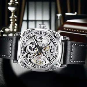 Movement, Black Leather sentimental Band, Roman Numerals Luxury Skeleton Mechanical Watch, Automatic 