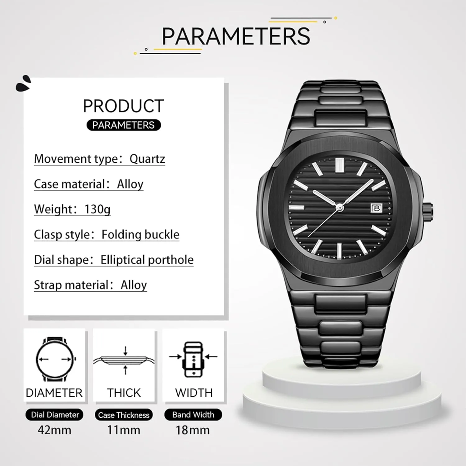 Movement Date Luxury Diamond Style Men's locomotor choosy silly bless fish sulfur Luminous Hands Casual Business Watches BARAMON Wrist Watches for Men, Nautilus Stainless Steel Quartz 