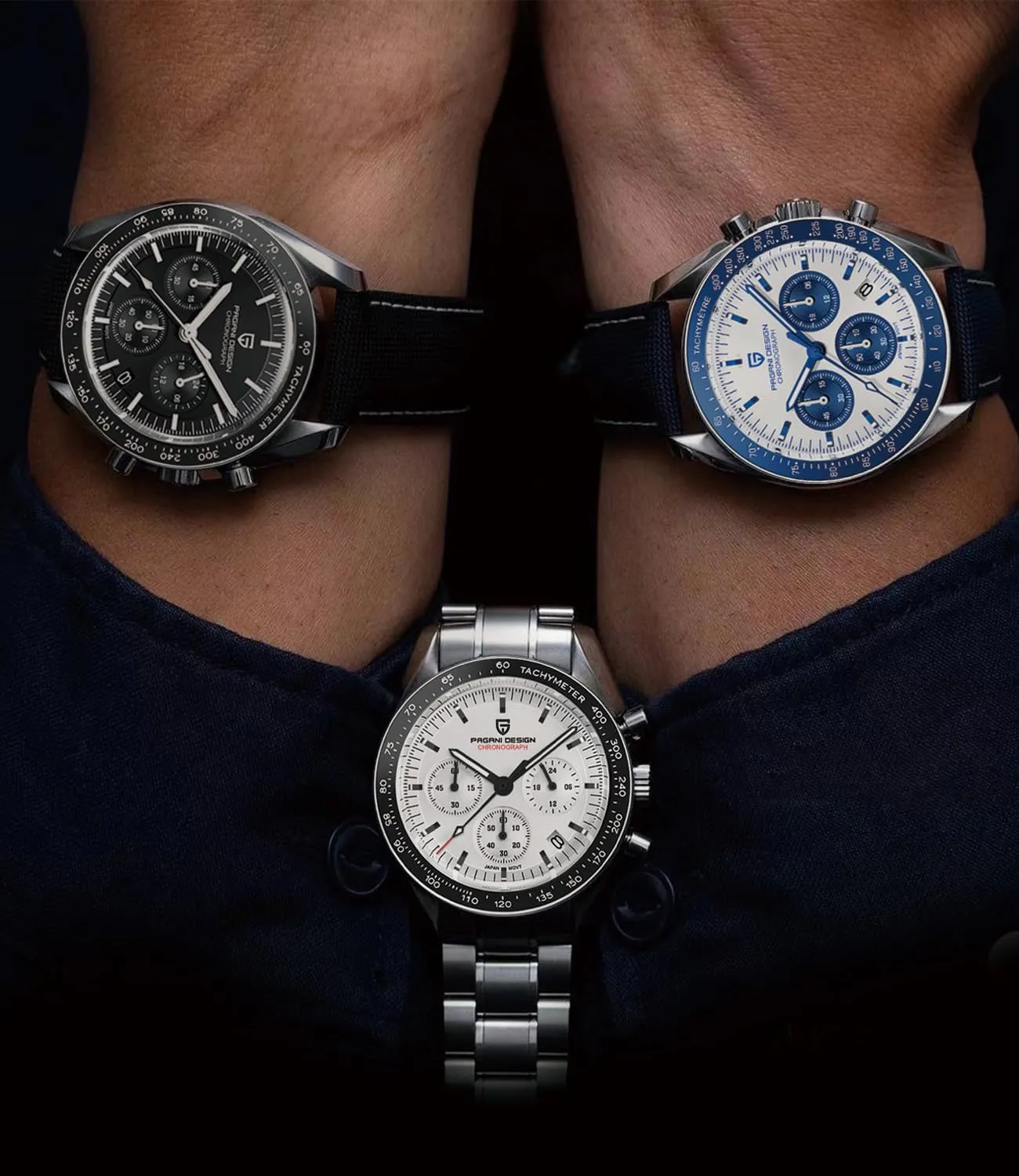 Movement steam Stainless Steel Bracelet 100M Water Resistant Sport Watch. Pagani Design 1701 Men's Watch White Dial Men's Quartz Chronograph Japan VK63 