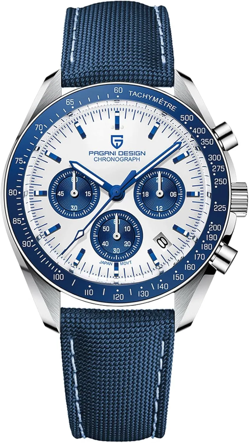 Movement steam Stainless Steel Bracelet 100M Water Resistant Sport Watch. Pagani Design 1701 Men's Watch White Dial Men's Quartz Chronograph Japan VK63 