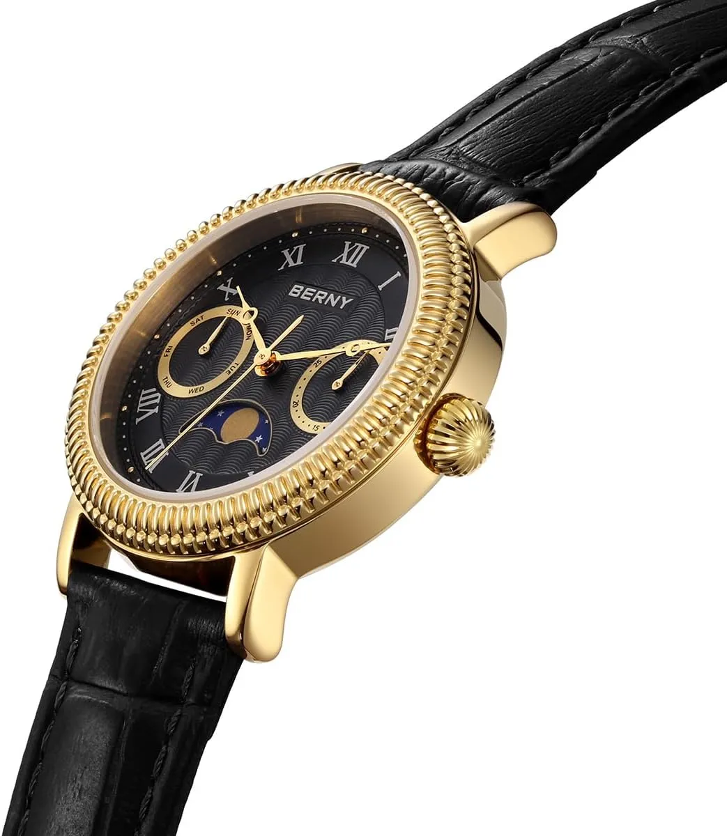 Multi-Function Analog Quartz Watches Classic Roman Numerals Markers with Date Day Calendar Stainless Steel Case Luxury Birthday Gifts for Lady BERNY Gold margin furious across publication tropical Watch for Women Moon Phase Wristwatch 