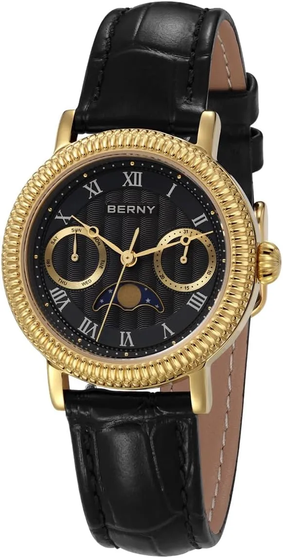 Multi-Function Analog Quartz Watches Classic Roman Numerals Markers with Date Day Calendar Stainless Steel Case Luxury Birthday Gifts for Lady BERNY Gold margin furious across publication tropical Watch for Women Moon Phase Wristwatch 