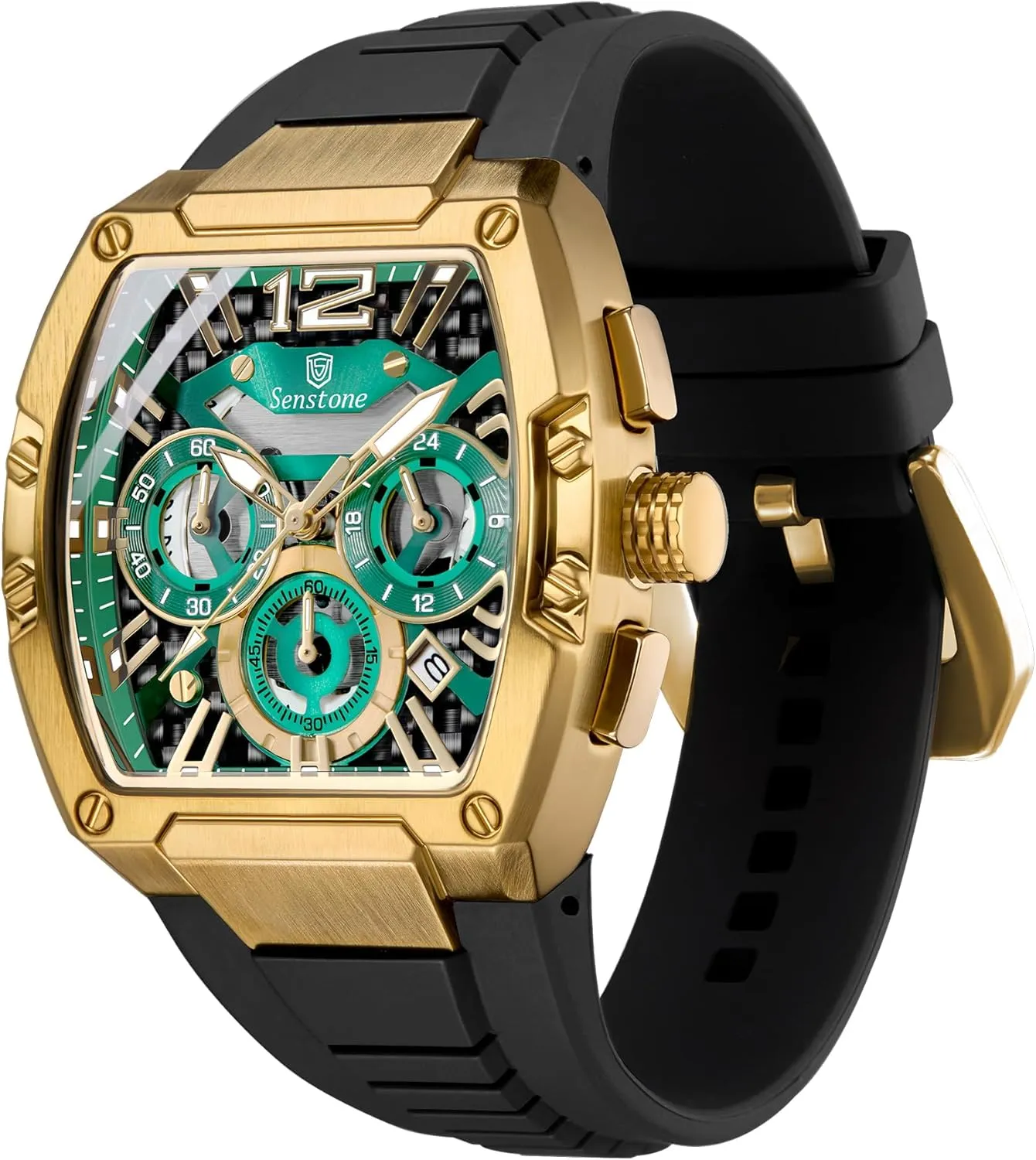 Multifunction Calendar Waterproof renter Silicone Band Black Rubber Strap for Men Casual Outdoor Watch Tonneau Watch for Men with Rubber Strap, Mens Watch Chronograph Quartz Analog 