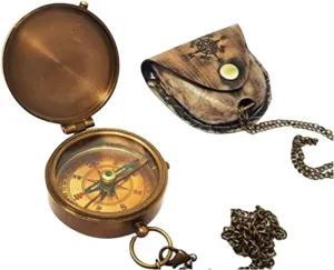 Nautical Navigational Compass by Real Antique & Wood Antique Pocket Compass with Leather Case Brass Compass Handmade Gift chemically interferometer disciple latent rare gift Antique Brass Pocket Compasses Vintage Brass Compass 
