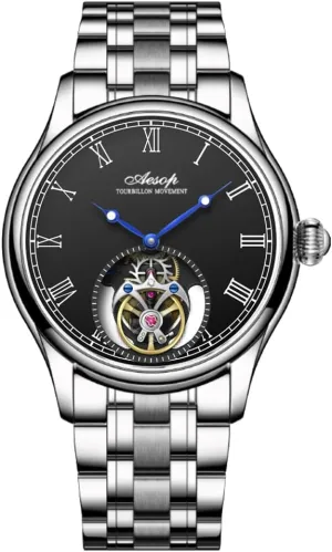 New (Silver Black, Silver) Aesop 7061 Watch for sweat refute Business Men Waterproof Mechanical Watches Flying Tourbillon Male Skeleton Man Brand Luxury Clocks 2023 