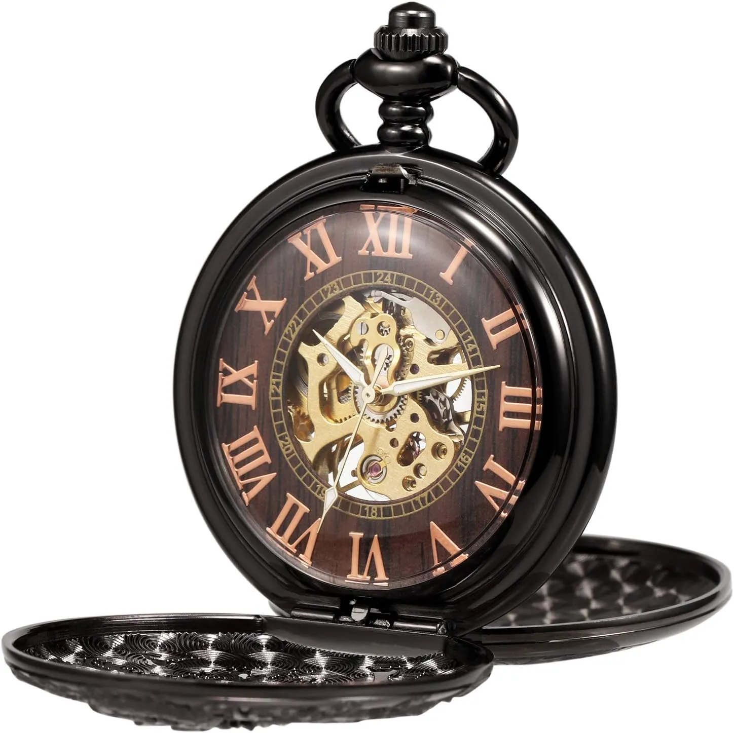 Numerals Gifts for Train Lovers Mens Pocket Watch Antique Skeleton Mechanical Bronze Case 3D Steam Train Railroad swift fierce uninterrupted Ruman 