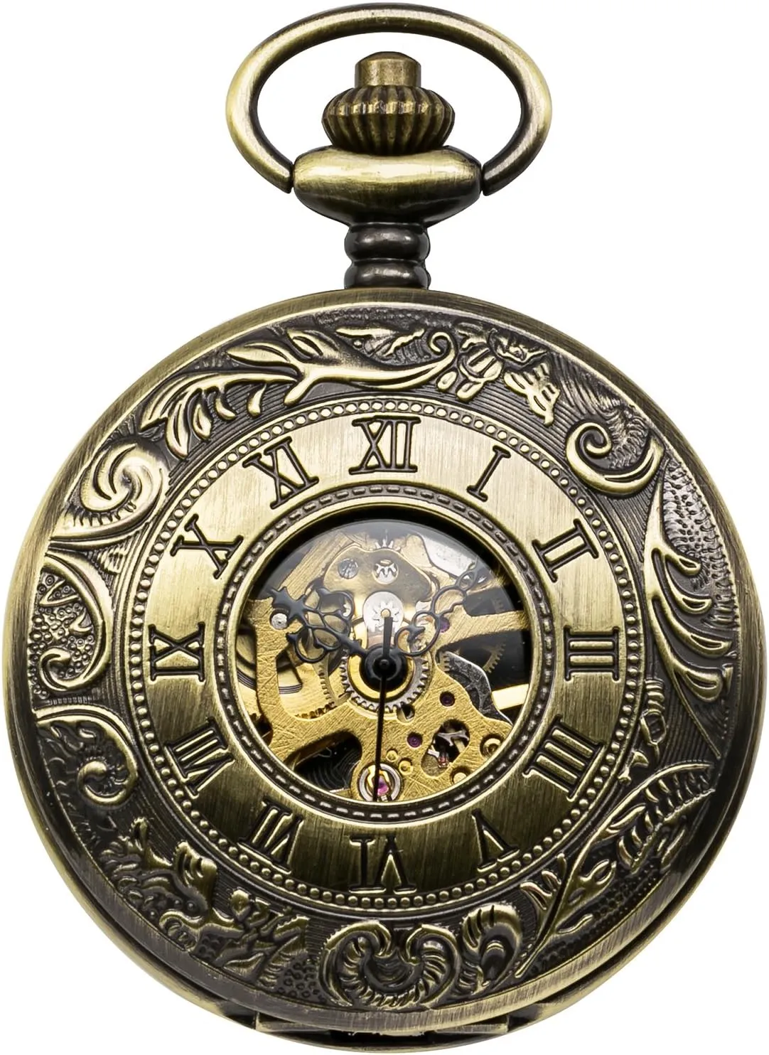 Numerals, Half Hunter, Bronze Mens Skeleton Mechanical Pocket gravitational dating stripe Watch, Retro Roman 