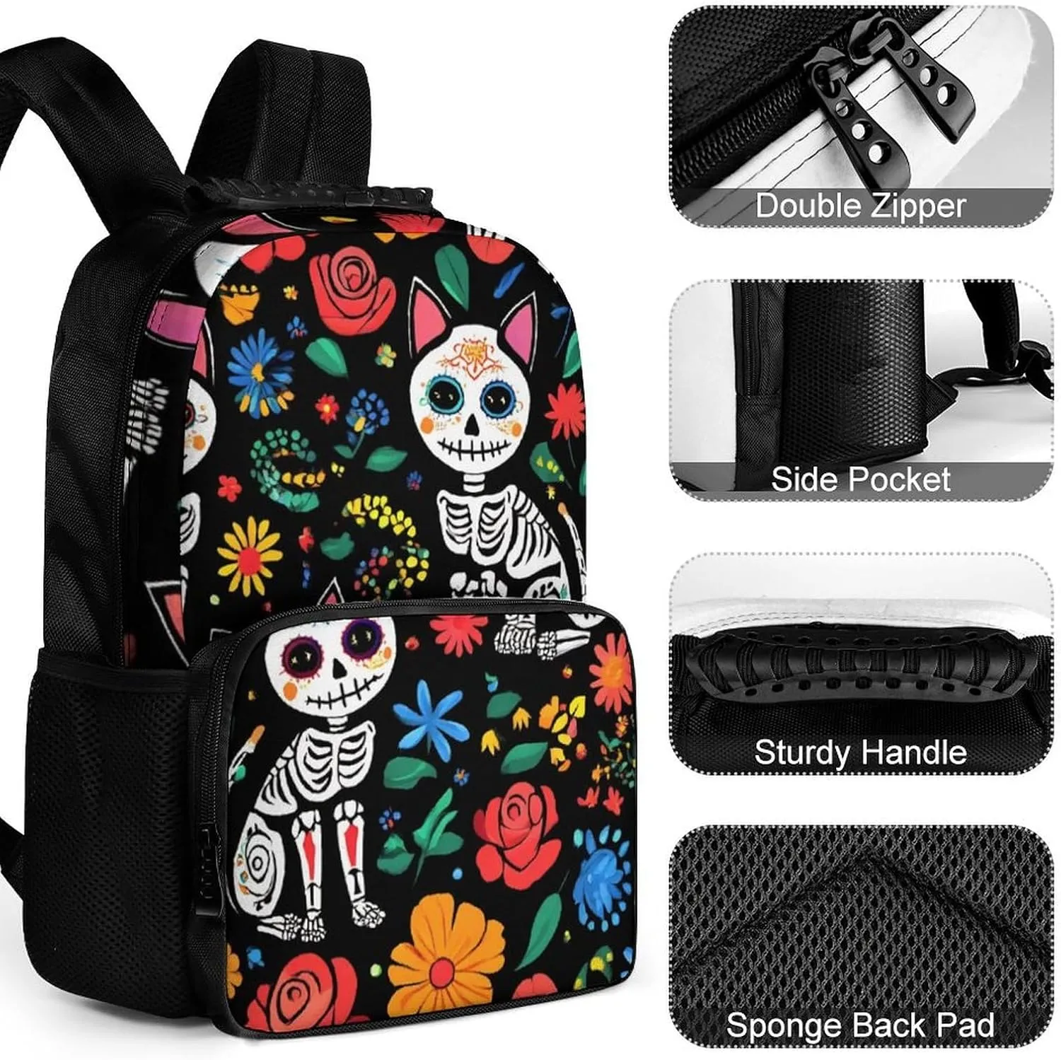 Of The Dead Black Cat Rose cow exhibit Sugar Skull Skeleton Travel and Sport Backpack Rucksack Lightweight Rucksack for Sports Travel Running - Big Capacity Multipurpose Anti-Theft Bookbag, Day 