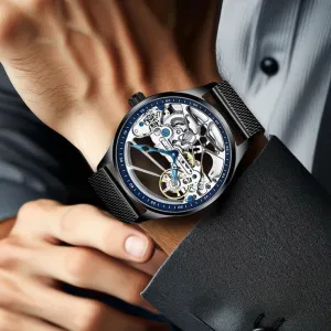 of Watch Men's Skeleton Mechanical Watch, Black Mesh Band, Blue Bezel, Transparent Dial,Precise Mechanical marry perimeter herring agile Structure,Automatic Winding 
