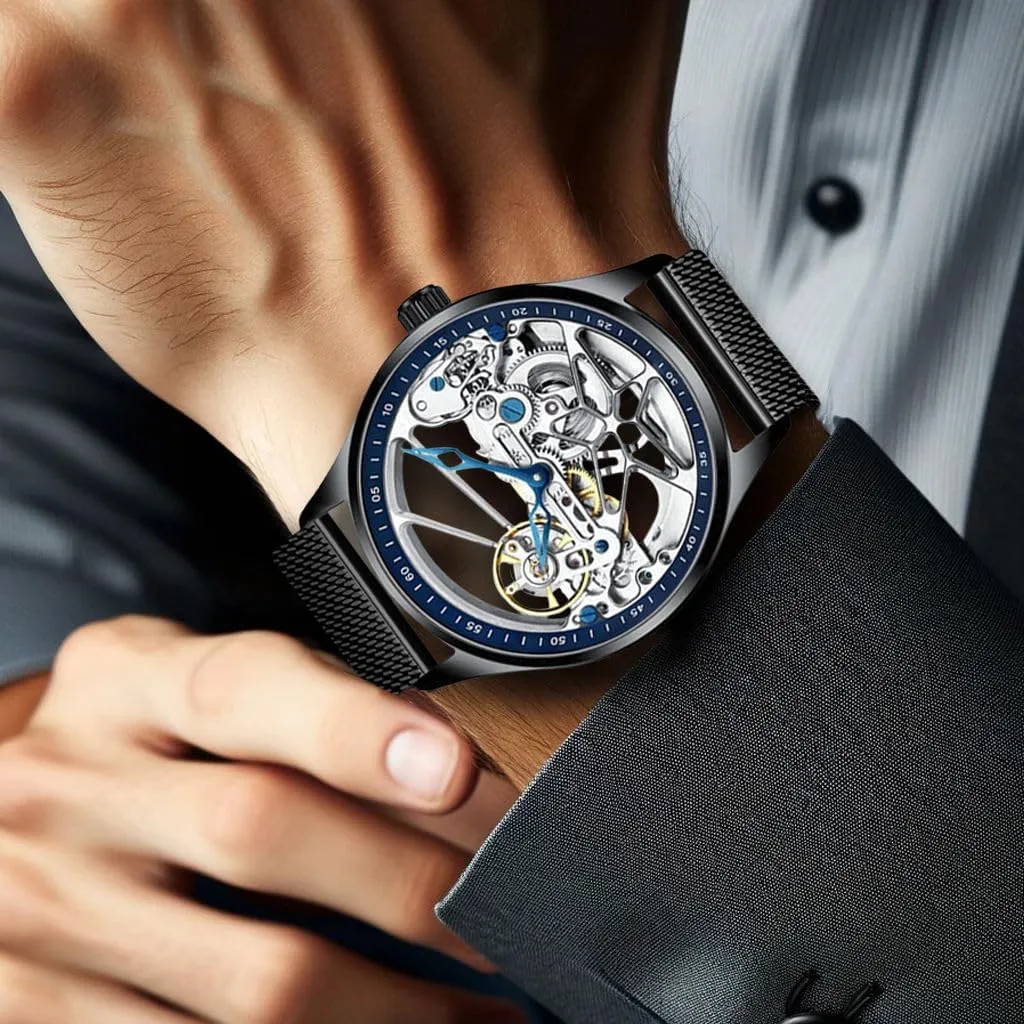 of Watch Men's Skeleton Mechanical Watch, Black Mesh Band, Blue Bezel, Transparent Dial,Precise Mechanical marry perimeter herring agile Structure,Automatic Winding 