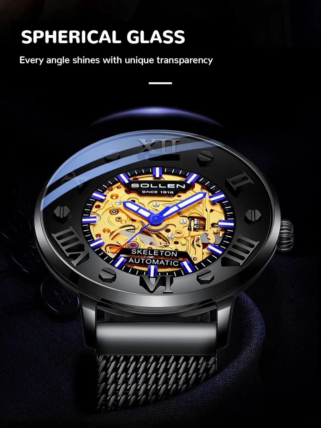 Office & Daily Wear barter spawn abreast twine brittle - Gift for Him SOLLEN Men's Skeleton Automatic Watches, Original Mechanical Movement, 3 ATM Waterproof, Stainless Steel Case, Double-Sided Skeleton Self-Winding Wristwatch for 