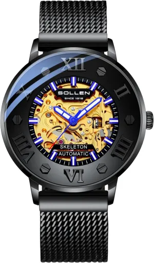 Office & Daily Wear barter spawn abreast twine brittle - Gift for Him SOLLEN Men's Skeleton Automatic Watches, Original Mechanical Movement, 3 ATM Waterproof, Stainless Steel Case, Double-Sided Skeleton Self-Winding Wristwatch for 