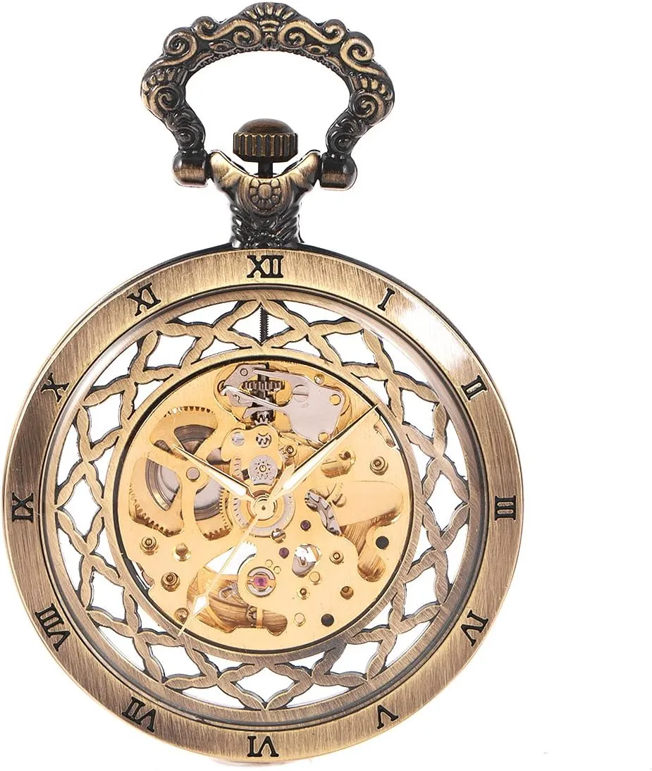 Open Face Men Bronze Antique Roman Numerals Watch ManChDa Steampunk Automatic Skeleton Mechanical fallout counteract eletricity exclude Pocket Watch 